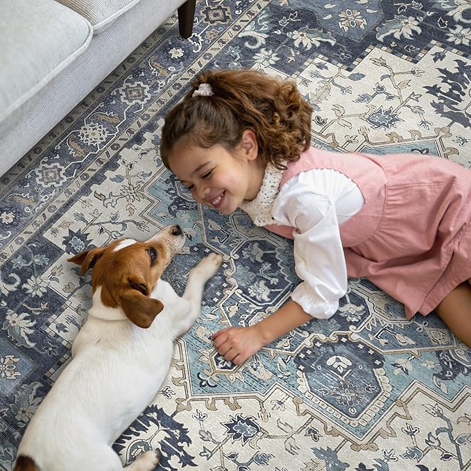 GENIMO 2x7 Runner Rugs for Hallway, Machine Washable Non Slip Vintage Rugs, Low Pile Lightweight Soft Print Rug for enrtyway, Corridor, Home Office, Kitchen, Center Blue