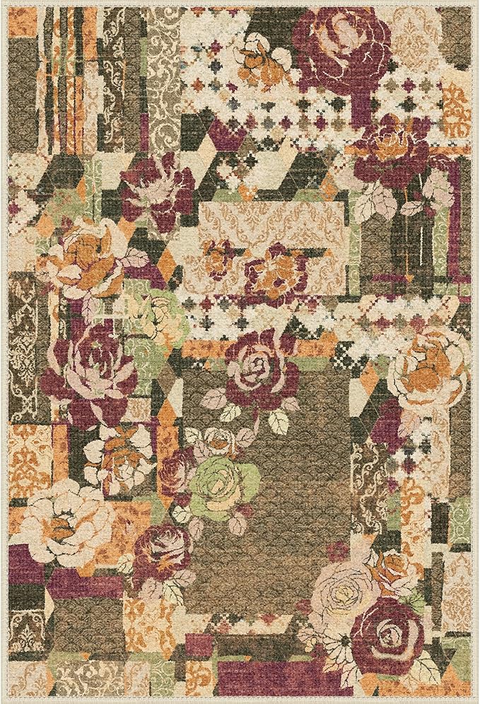 GENIMO Area Rug 2x3 Doormat, Machine Washable Low Pile Rugs, Small Floral Patchwork Retro Chenille Entryway Mat for Entrance, Hallway, Kitchen and Corridor, Auburn Cinnamon