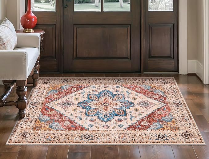 Ciicool Washable Vintage Area Rug, 2x3ft Small Boho Rug, Ultra Soft Rugs for Entryway, Non-Slip Entry Rugs Oriental Low-Pile Indoor Mat Floor Carpet for Entrance Bedroom Kitchen Bathroom Foyer Decor