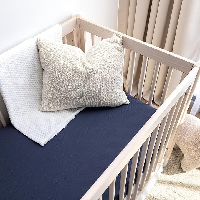 Muslin Crib Sheets, 100% Organic Cotton, Breathable and Ultra-Soft, Standard Crib Sheet Mattress (28"x 52") for Girls and Boys, Neutral Fitted Baby Crib Sheet (Navy)