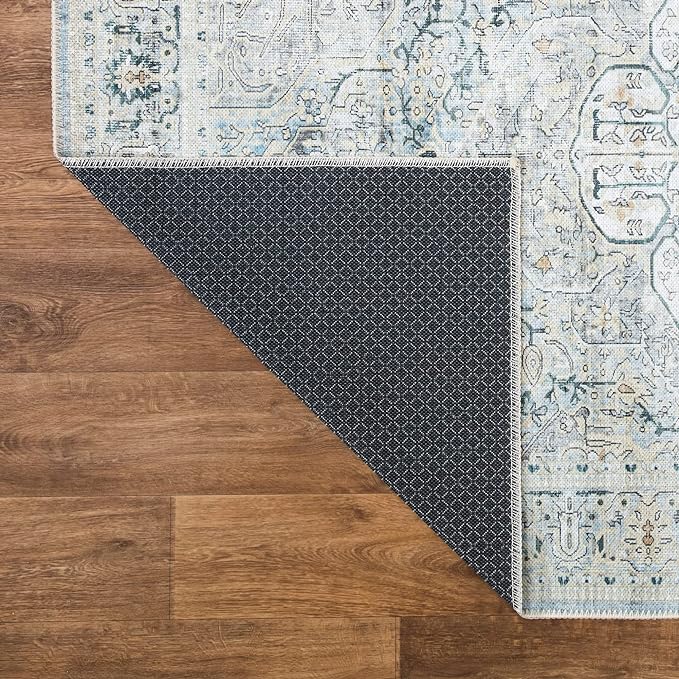 Bloom Rugs Washable Non-Slip 7 ft Runner - Cream/Light Blue/Teal Traditional Medallion Runner for Entryway, Hallway, Bathroom, and Kitchen - Exact Size: 2.5' x 7'