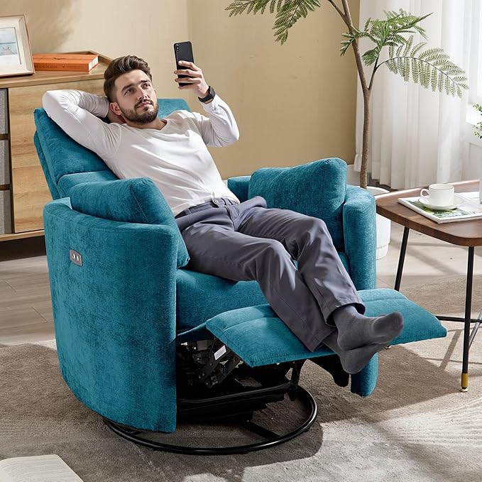 Power Swivel Glider Rocking Recliner, Electric Rocking Chair with USB Port for Living Room Bedroom Upholstered Nursery Chair Adult Rocking Chair with 2 Pillows (Blue, Power-Driven)