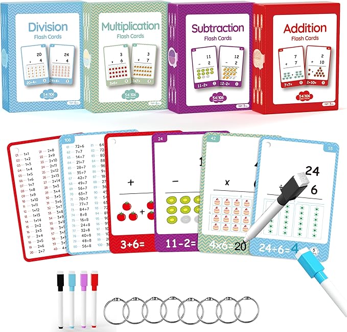 220Cards, 424Pictures Educational Math Flash Cards, Addition Subtraction Multiplication Division Flash Cards, for 7,8,9,10,11Years, 2ed, 3rd,4th,5th, 6th Grade Boys Girls.(Add Sub MUL Div Set)