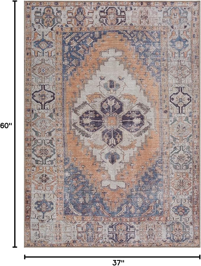Bloom Rugs Washable 3' x 5' Rug - Orange/Blue/Beige Traditional Area Rug for Living Room, Bedroom, Dining Room, and Kitchen - Exact Size: 3' x 5'