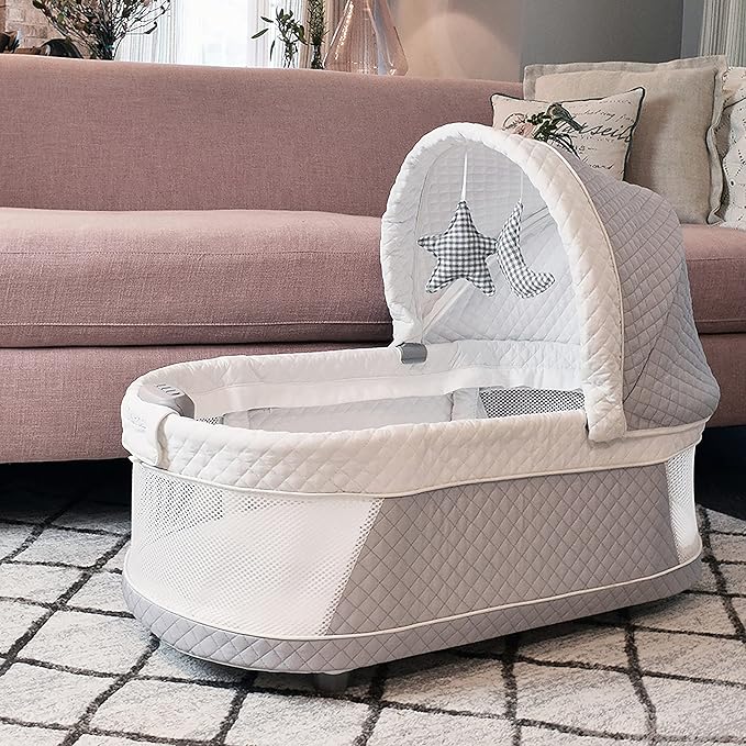 Journey 2-in-1 Convertible Infant Bassinet, Classic Design Baby Crib Sleeper with Storage, Comforting Vibrations, Soothing Lullabies, and Nature Noises (Soft Grey)