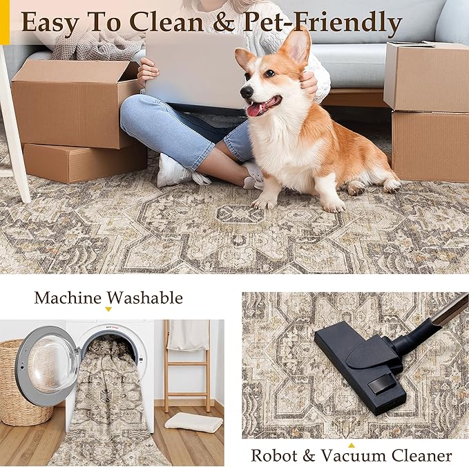 Taupe Brown Area Rug 9x12 Vintage Washable Distressed Living Room Carpet Large Indoor Non Slip Traditional Medallion Retro Low Pile Accent Throw Rug Bedroom Kitchen Office Dining Room