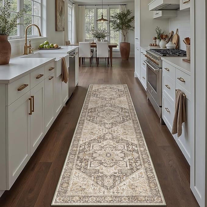 Taupe Brown Hallway Runner Rug 3x7 Vintage Washable Distressed Area Carpet Kitchen Indoor Non Slip Long Traditional Medallion Retro Accent Throw Rug for Bedroom Laundry Dining Living Room