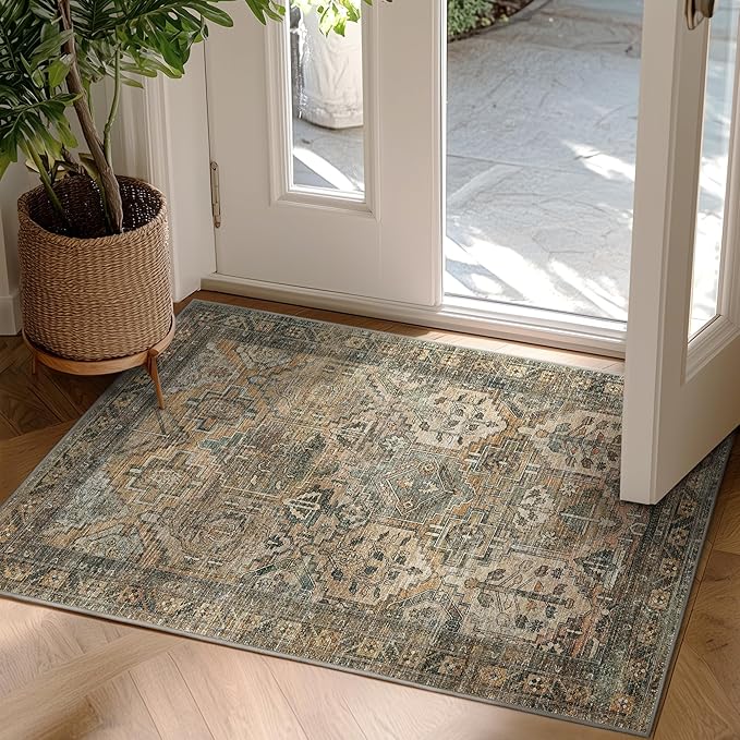 GENIMO 2x3 Area Rugs for Living Room, Machine Washable Non Slip Vintage Rugs, Low Pile Lightweight Chenille Print Rug for Bedroom, Dining Room, Home Office, Warm Taupe