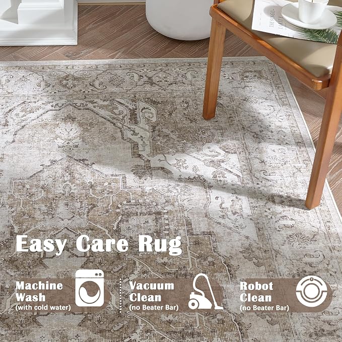 jinchan Area Rug 4x6 Washable Rug Kitchen Floor Cover Traditional Mat Foldable Thin Carpet Taupe Multi Distressed Floral Print Indoor Mat for Bathroom Bedroom Living Room Dining Room