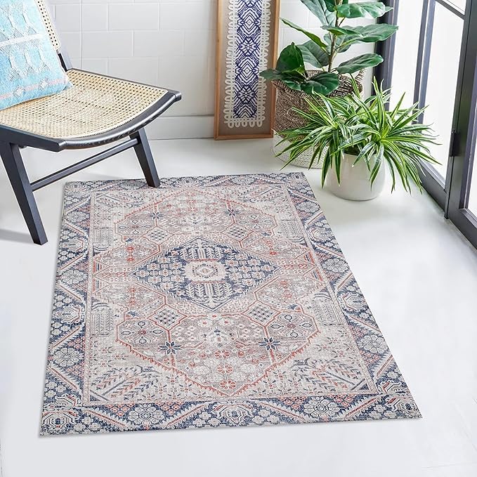 Washable Soft Small Boho Area Rugs,Rags Rug, Printed Carpet Chennile Rugs for Living Room 27x45 inch Beige Grey Multi,Machine Washable Printed Rugs - 30% Cotton, 70% Polyester