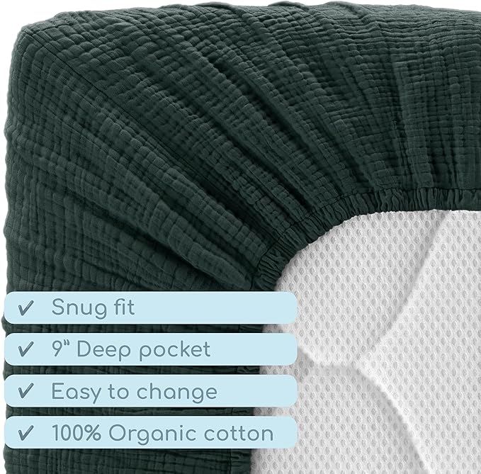 Muslin Crib Sheets, 100% Organic Cotton, Breathable and Ultra-Soft, Standard Crib Sheet Mattress (28"x 52") for Girls and Boys, Neutral Fitted Baby Crib Sheet (Deep Ocean)