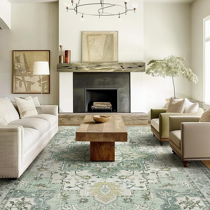 GENIMO 3x5 Area Rugs for Living Room, Machine Washable Non Slip Vintage Rugs, Low Pile Lightweight Chenille Print Rug for Bedroom, Dining Room, Home Office, Green