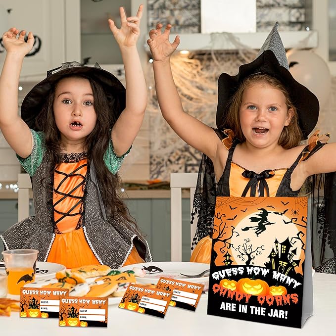 Halloween How Many Candy Corns Are In The Jar - 1 Standing Sign & 50 Guessing Cards - Halloween Witch Party Game & Decoration For Boys, Girls, Adults - Baby Shower, Birthday Game Set - A09