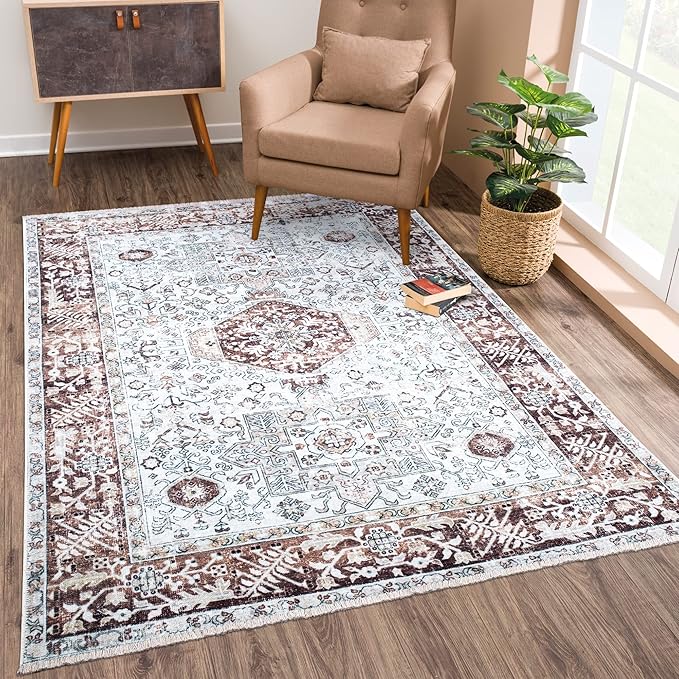 Bloom Rugs Caria Washable Non-Slip 8x10 Rug - Beige/Brown Traditional Area Rug for Living Room, Bedroom, Dining Room, and Kitchen - Exact Size: 7'8" x 10'