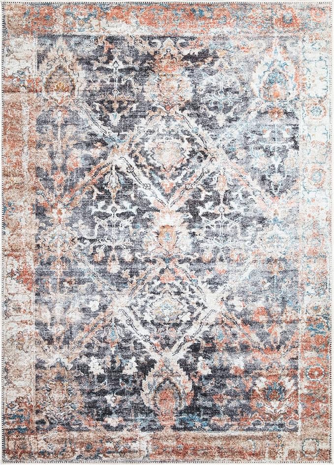 Bloom Rugs Washable Non-Slip 6' x 9' Rug - Orange/Black Traditional Area Rug for Living Room, Bedroom, Dining Room, and Kitchen - Exact Size: 6' x 9'