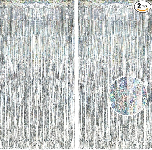 BRAVESHINE Silver Streamers Party Backdrop Decorations - 2Pcs 3.2x8.2ft Tinsel Foil Fringe Curtain Backdrop for Christmas/New Years/Birthdays/Bachelorette/Anniversary/Engagement/Dancing Ball Decor