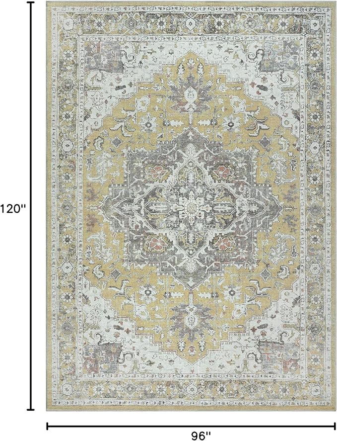 Bloom Rugs Washable Non-Slip 8' x 10' Rug - Yellow Traditional Medallion Area Rug for Living Room, Bedroom, Dining Room, and Kitchen - Exact Size: 8' x 10'