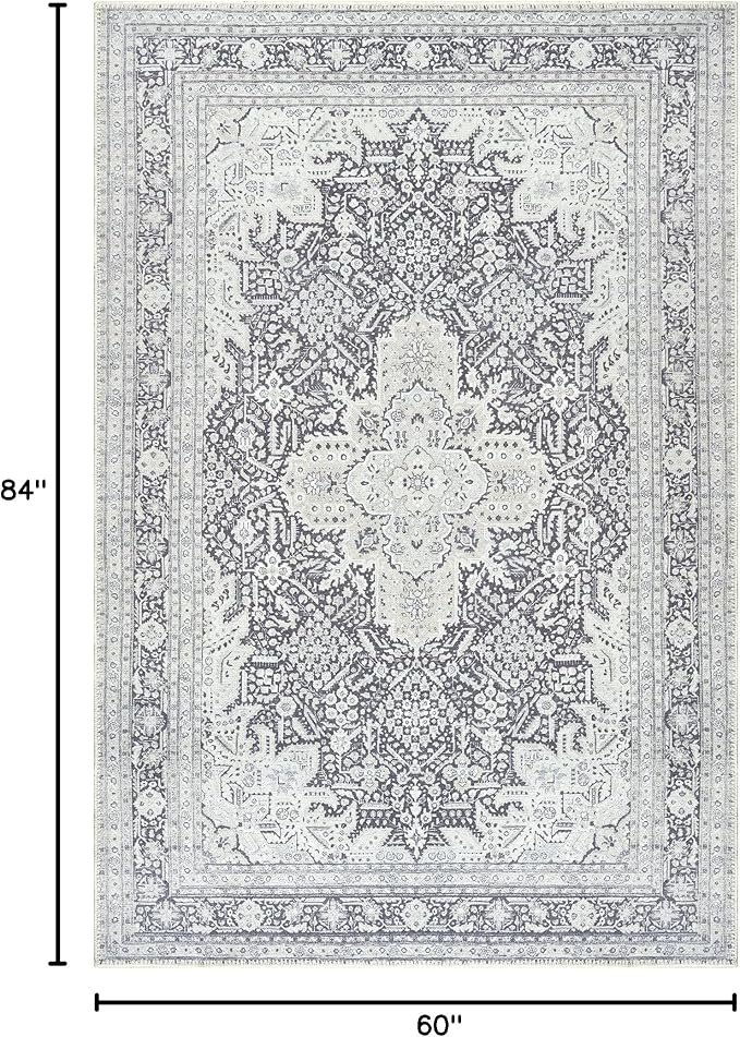 Bloom Rugs Washable Non-Slip 5' x 7' Rug - Charcoal Blue Traditional Medallion Area Rug for Living Room, Bedroom, Dining Room, and Kitchen - Exact Size: 5' x 7'