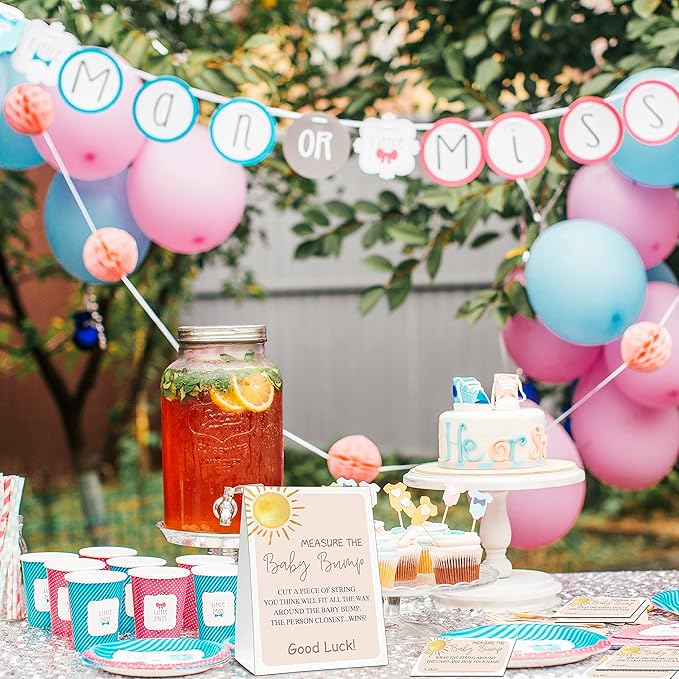 Measure the Baby Bump Baby Shower Game Set, 1 Standing Sign with 50 Guessing Cards, Boho Sunshine Gender Reveal Party Decorations Supplies - B06