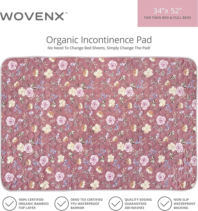Organic Incontinence Pad for Period - Waterproof Protectors - Reusable Washable Pee Pad - Fits Twin to Full Size Beds - 100% Organic Viscose Derived from Bamboo - 34" x 52" Dark Flower