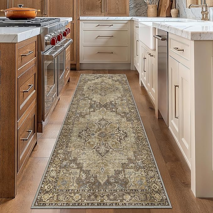 GENIMO 3x7 Runner Rugs for Hallway, Machine Washable Non Slip Vintage Rugs, Low Pile Lightweight Soft Print Rug for enrtyway, Corridor, Home Office, Kitchen, Rustic Brown