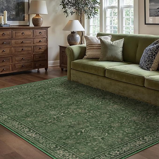 Vintage Area Rug 6x9 Washable Green Living Room Carpet Large Indoor Non Slip Bedroom Low Pile Kitchen Distressed Retro Accent Throw Rug for Dining Room