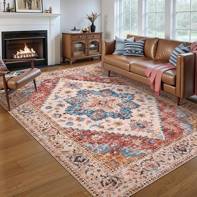 Ciicool 4x6 Rug, Washable Area Rug Boho Rugs for Living Room Non-Slip Indoor Rugs Low-Pile Mat Floor Carpet Vintage Rug for Bedroom Dinning Office Foyer Decor