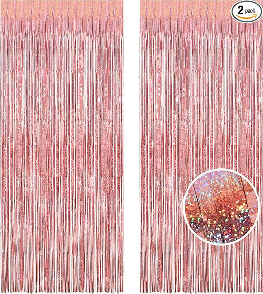 BRAVESHINE Rose-Gold Metallic Tinsel Backdrop - 2Pcs 3.2x8.2ft Metallic Tinsel Foil Fringe Curtains Photo Booth Streamers for 21-st Birthdays Bachelorette Engagement Bridal Shower Party Decorations