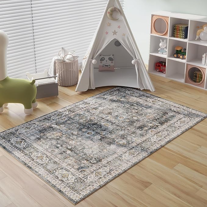 Area Rug 4x6 Rug Washable Boho Rugs Non Slip Low Pile Soft Floral Small Carpet for Bedroom, Bedside, Kids Room, Office, Dining Room(Grey)