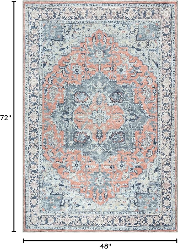 Bloom Rugs Washable Non-Slip 4' x 6' Rug - Coral/Blue Traditional Medallion Area Rug for Living Room, Bedroom, Dining Room, and Kitchen - Exact Size: 4' x 6'