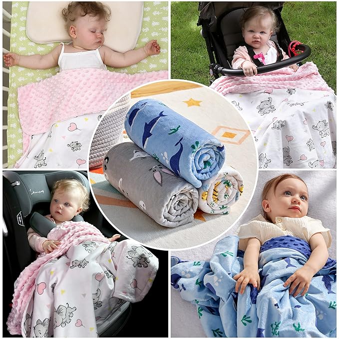 DaysU Silky Micro Soft Plush Baby Blankets for Boys and Girls with Print Animal Pattern and Soothing Raised Dots, Double Layer Bed Throws for Toddler Cot, Shark Whale, Blue, 50x60 Inches