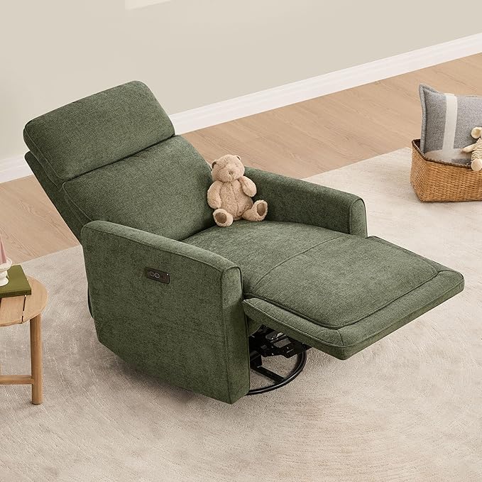 CHITA Electronic Power Recliner Chair Swivel Glider, FSC Certified Modern Nursery Rocking Chair with USB and Type-C Ports, Forest Green
