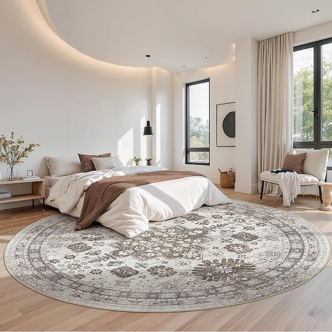 zesthome 9ft Round Rugs for Living Room, Non-Slip Washable Round Area Rugs, Ultra-Thin Large Circle Rugs, Soft Low Pile Rug for Bedroom, Kitchen - Vintage Stain Resistant Round Rug (Brown/Beige,9'x9')
