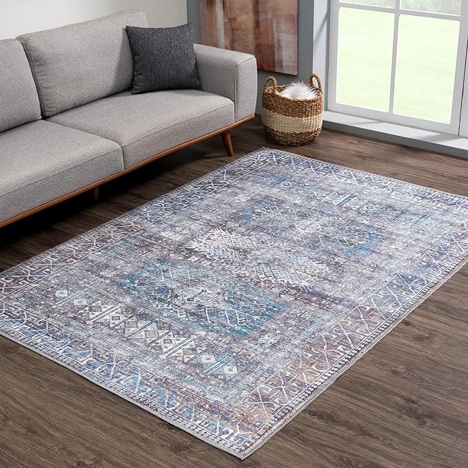Bloom Rugs Washable 6' x 9' Rug - Slate Gray/Blue Traditional Area Rug for Living Room, Bedroom, Dining Room, and Kitchen - Exact Size: 6' x 9'