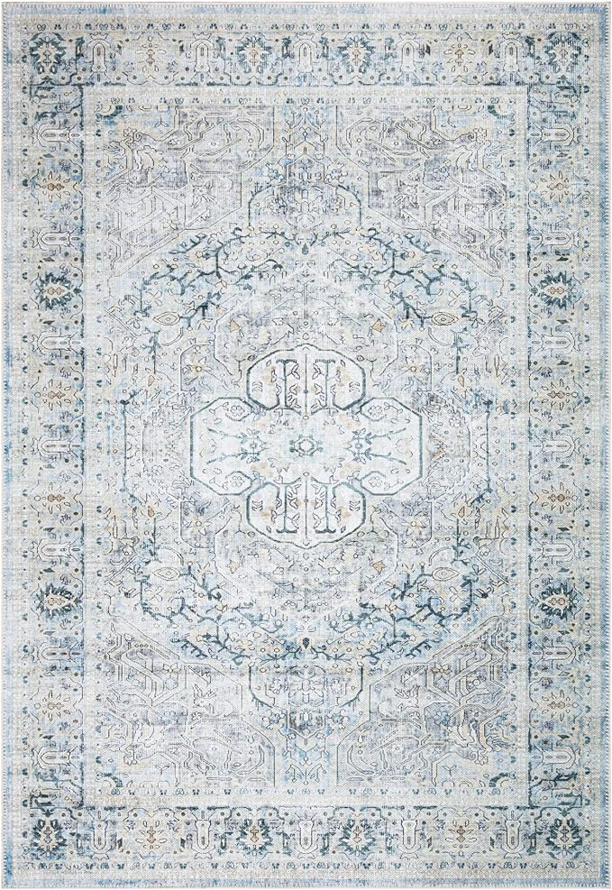 Bloom Rugs Washable Non-Slip 6' x 9' Rug - Cream/Light Blue/Teal Traditional Medallion Area Rug for Living Room, Bedroom, Dining Room, and Kitchen - Exact Size: 6' x 9'