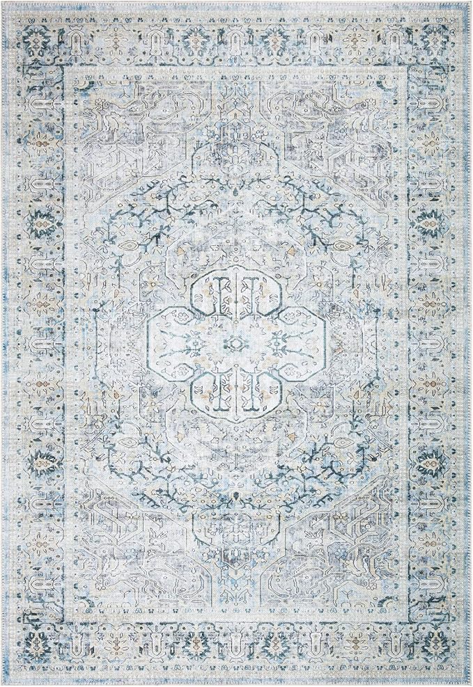 Bloom Rugs Washable Non-Slip 9' x 12' Rug - Cream/Light Blue/Teal Traditional Medallion Area Rug for Living Room, Bedroom, Dining Room, and Kitchen - Exact Size: 9' x 12'