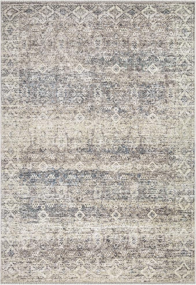 Bloom Rugs Caria Washable Non-Slip 4x6 Rug - Beige Brown/Teal Traditional Area Rug for Living Room, Bedroom, Dining Room, and Kitchen - Exact Size: 4' x 6'