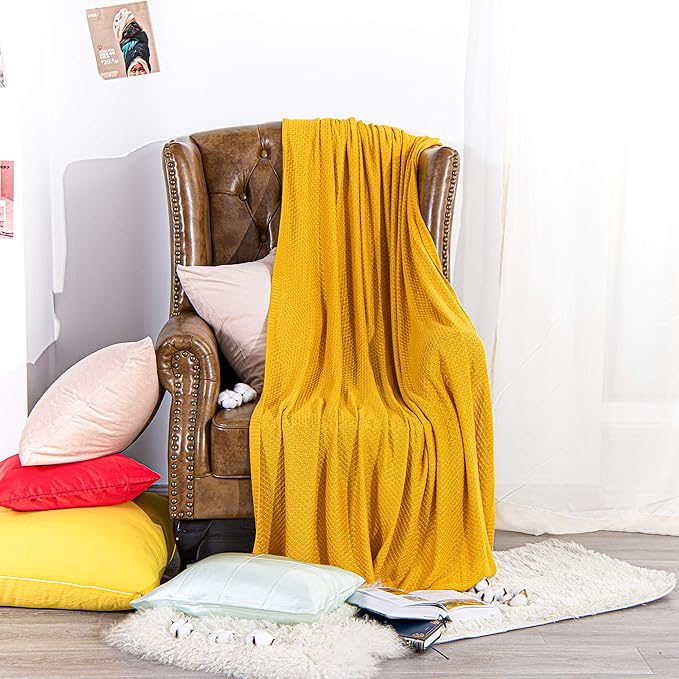NTBAY Cable Knit Cooling Bed Blanket, Soft and Breathable Oversized Twin Bed Blanket 60x80 Inches Made from Rayon Derived from Bamboo for Bedroom, Travel, Ginger Yellow