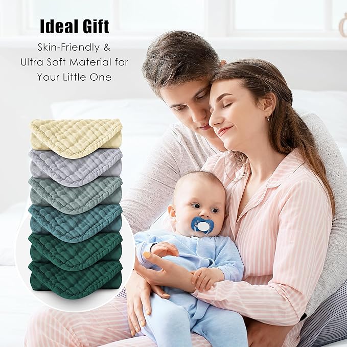 MOON PARK Baby Washcloths, 12 Pack - 12x12 Inches, Small Burp Cloths and Baby Wipes - 100% Cotton Muslin Ultra Soft for Newborn, Infant and Toddlers - Ivory, Slate and Emerald Series