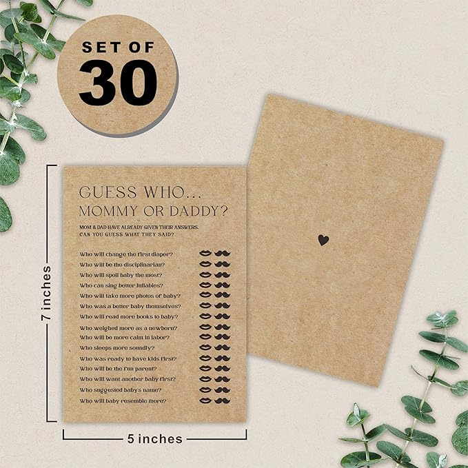 Baby Shower Game Card - Set of 30 Minimalism Kraft Paper Double Print - Guess Who? Mommy Or Daddy Game Cards for Baby Boy Girl, Baby Announcements, Gender Reveal Games, Party Favors and Supplies-B03