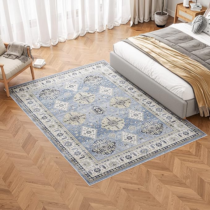 Dripex Vintage 5x7 Area Rugs - Large Washable Area Rug for Living Room Bedroom Oriental Medallion Floral Print Floor Carpet Low-Pile Indoor Soft Non-Slip Accent Rug Farmhouse Home Office Decor