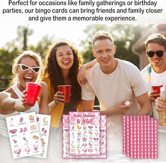 Baby Shower Bingo Game For Adults, Baby Shower Party Bingo Game Set, Pink Baby Shower Bingo Cards, Gender Reveal Bingo Favors For Family Friends, Baby Shower Large Group Game Decor & Supplies -17