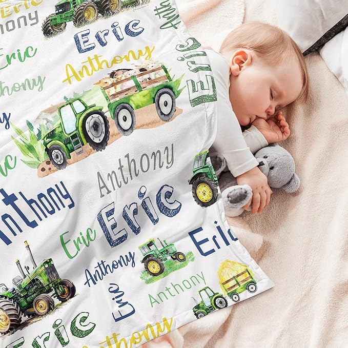 Personalized Blanket for Boy Newborn Custom Tractor Baby Blanket with Name Customized Gift for Baby Shower Christmas Birthday Gifts