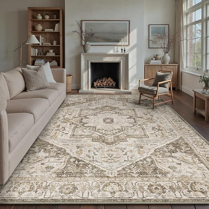 Brown Area Rug 9x12 Vintage Washable Distressed Living Room Carpet Large Indoor Non Slip Traditional Medallion Retro Low Pile Accent Throw Rug Bedroom Kitchen Office Dining Room