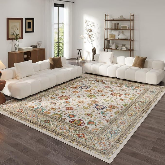 Living Room Rug 5x7 Rug Machine Washable Boho Area Rug Non Slip Vintage Low Pile Large Rugs for Living Room, Bedroom, Farmhouse, Dining Room, Kids Playroom (Colorful)
