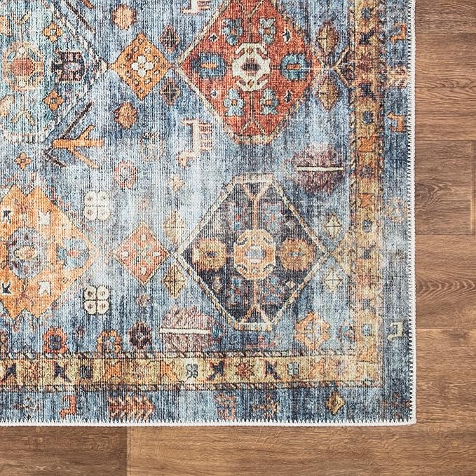 Bloom Rugs Washable Non-Slip 12 ft Runner - Blue/Orange Traditional Bordered Runner for Entryway, Hallway, Bathroom, and Kitchen - Exact Size: 2.5' x 12'