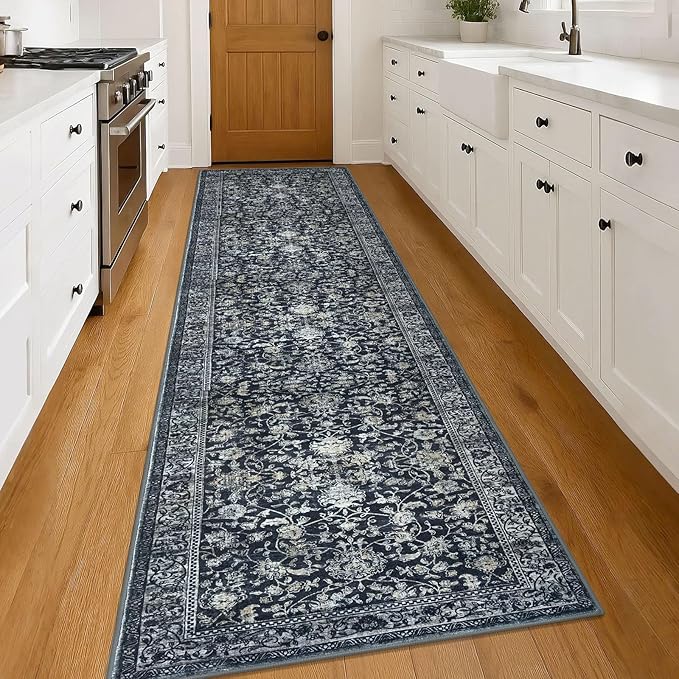 KILOCOCO Runner for Hallway 3x14 Runner Rug Printed Vintage Floral Washable Rug Kitchen Runners Soft Non-Slip Low Pile Hallway Runners Laundry Room Distressed Boho Rugs, Navy/Charcoal