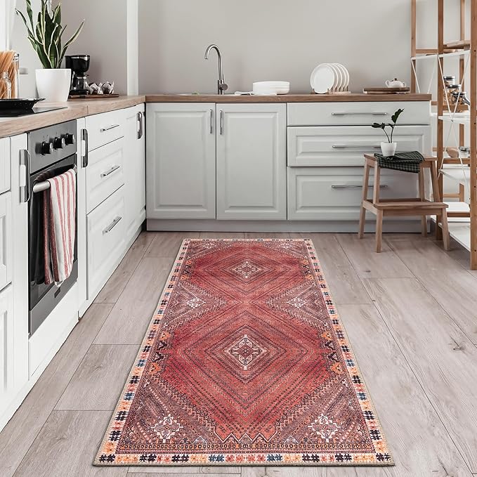 Bloom Rugs Washable Non-Slip 10 ft Runner - Red/Multicolor Traditional Bordered Runner for Entryway, Hallway, Bathroom, and Kitchen - Exact Size: 2.5' x 10'