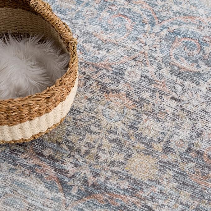 Bloom Rugs Caria Washable Non-Slip 10 ft Runner - Ocean Blue/Brick Traditional Runner for Entryway, Hallway, Bathroom, and Kitchen - Exact Size: 2'6" x 10'