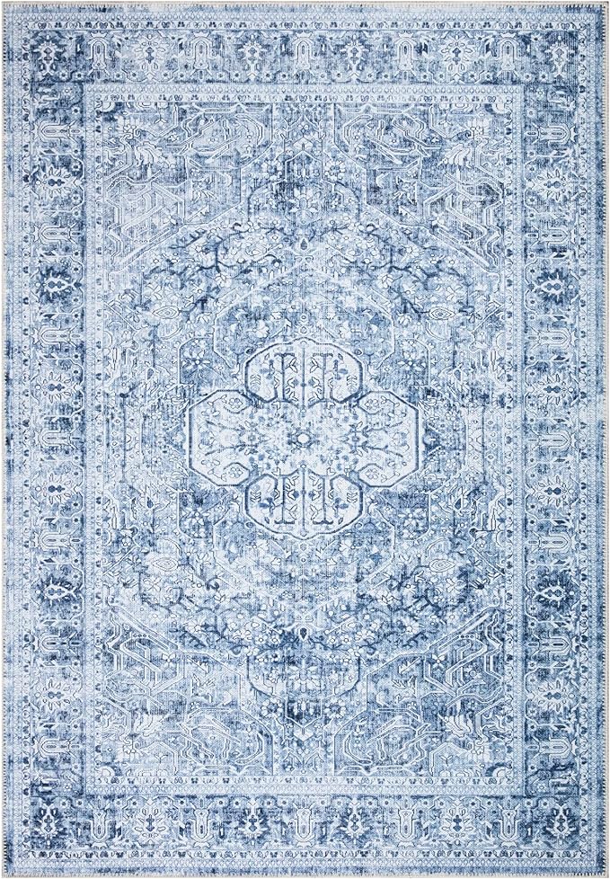 Bloom Rugs Washable Non-Slip 4' x 6' Rug - Ivory/Denim Blue Traditional Medallion Area Rug for Living Room, Bedroom, Dining Room, and Kitchen - Exact Size: 4' x 6'